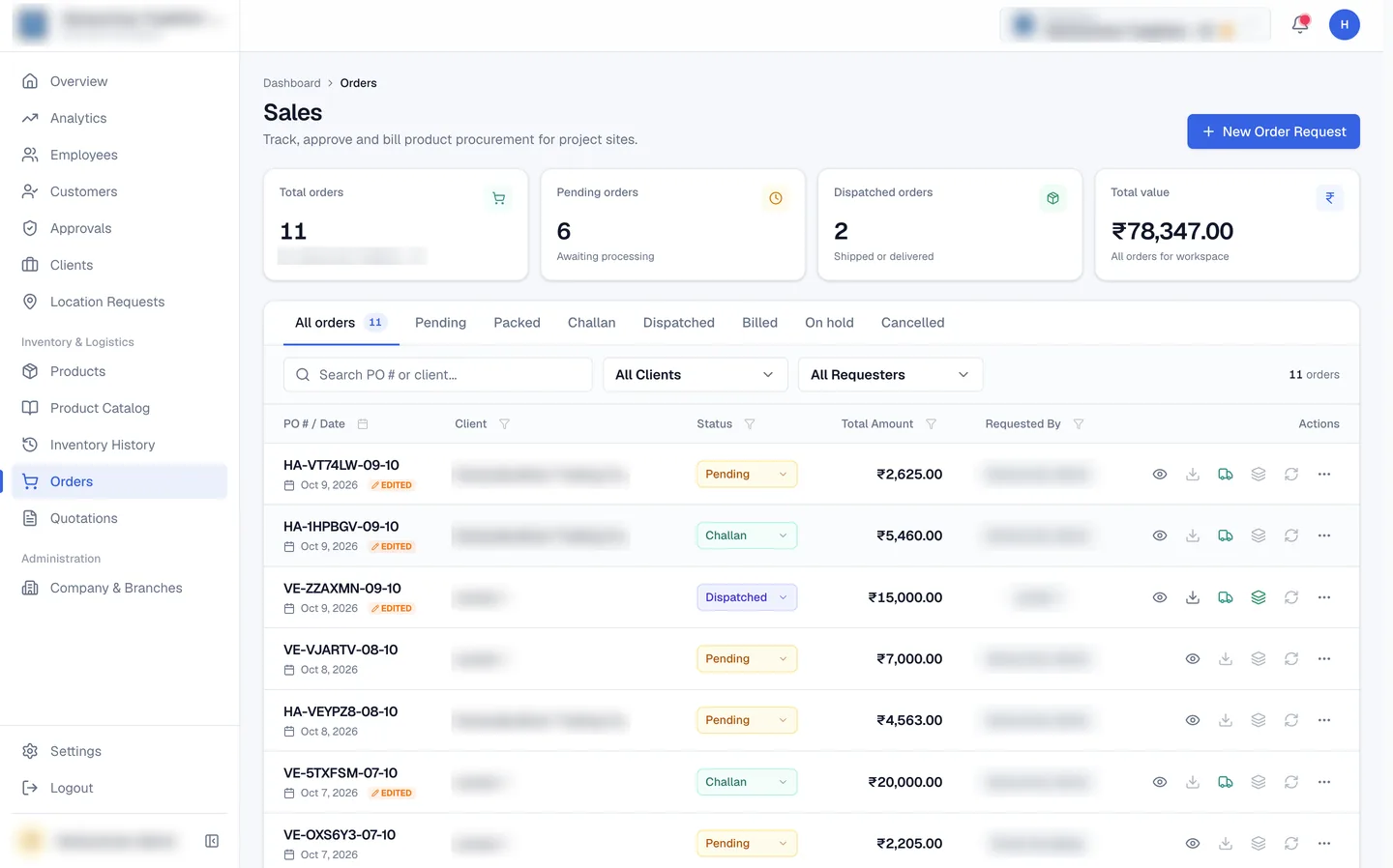 Dji Setu orders list with order values and pending, challan, and dispatched statuses